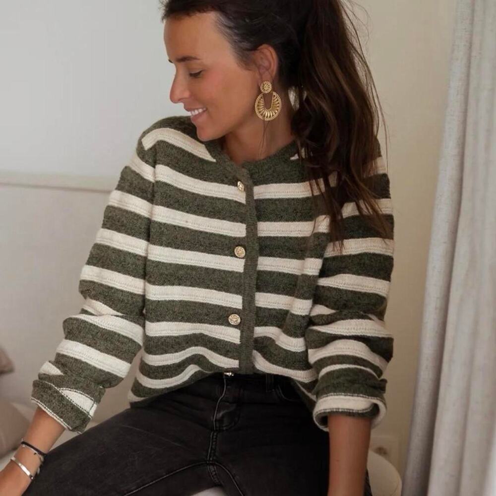 Easy Clothes Olive Green and Cream Striped Cardigan